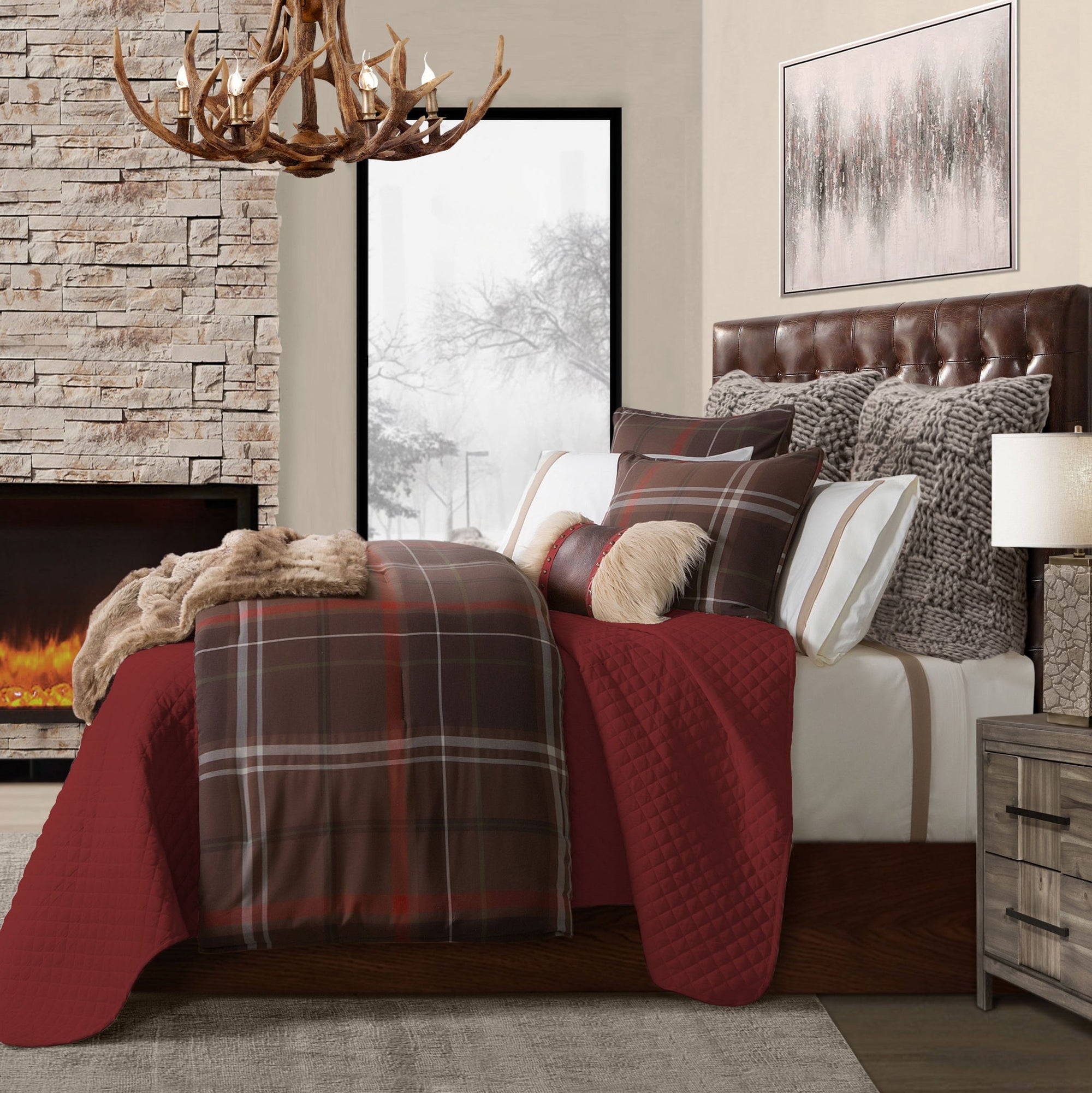 Jackson - Queen Plaid Comforter Set (Set of 3) - Brown / Red