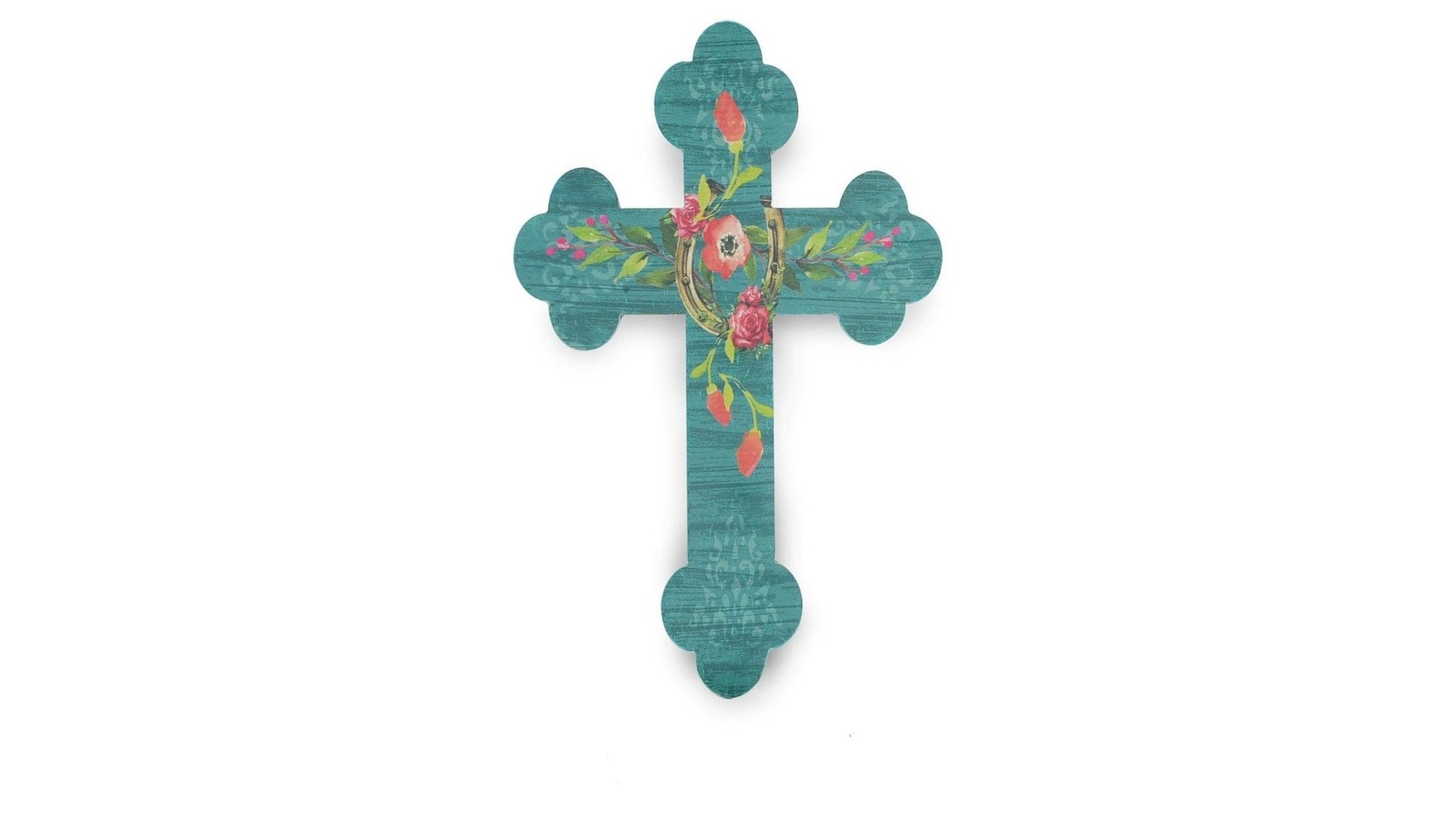 Wall Décor - 19" x 12" Turquoise Floral Horseshoe Cross Wall Décor 4 Per Carton - Turquoise