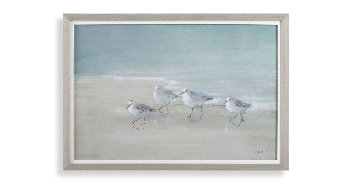 Tranquil Shorebirds On The Sand - Framed Print - Light Gray
