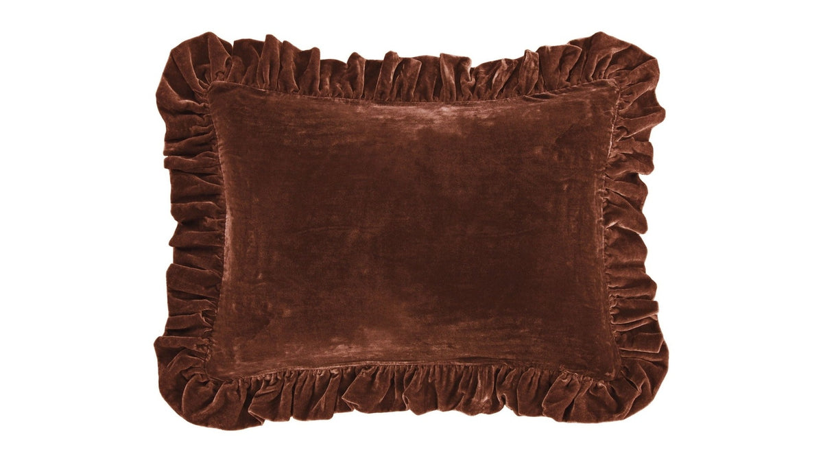 Stella - Faux Silk Velvet Ruffled Dutch Euro Pillow - Copper Brown