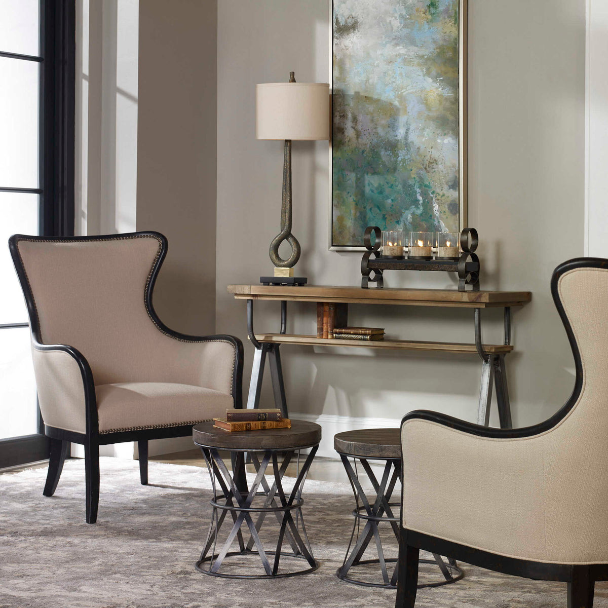 Sandy - Wing Back Armchair - Beige &amp; Dark Brown