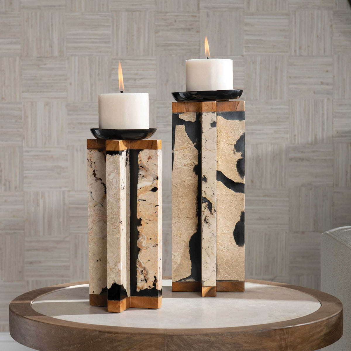 Illini - Stone Candleholders (Set of 2) - Black &amp; White