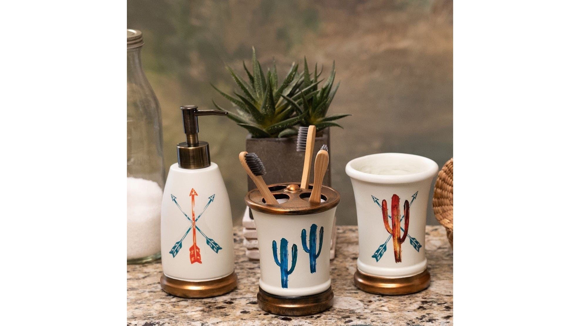 Saguaro Cactus - Cactus Ceramic Countertop Bathroom Set Set of 3 , 4 Per Carton - White / Brown