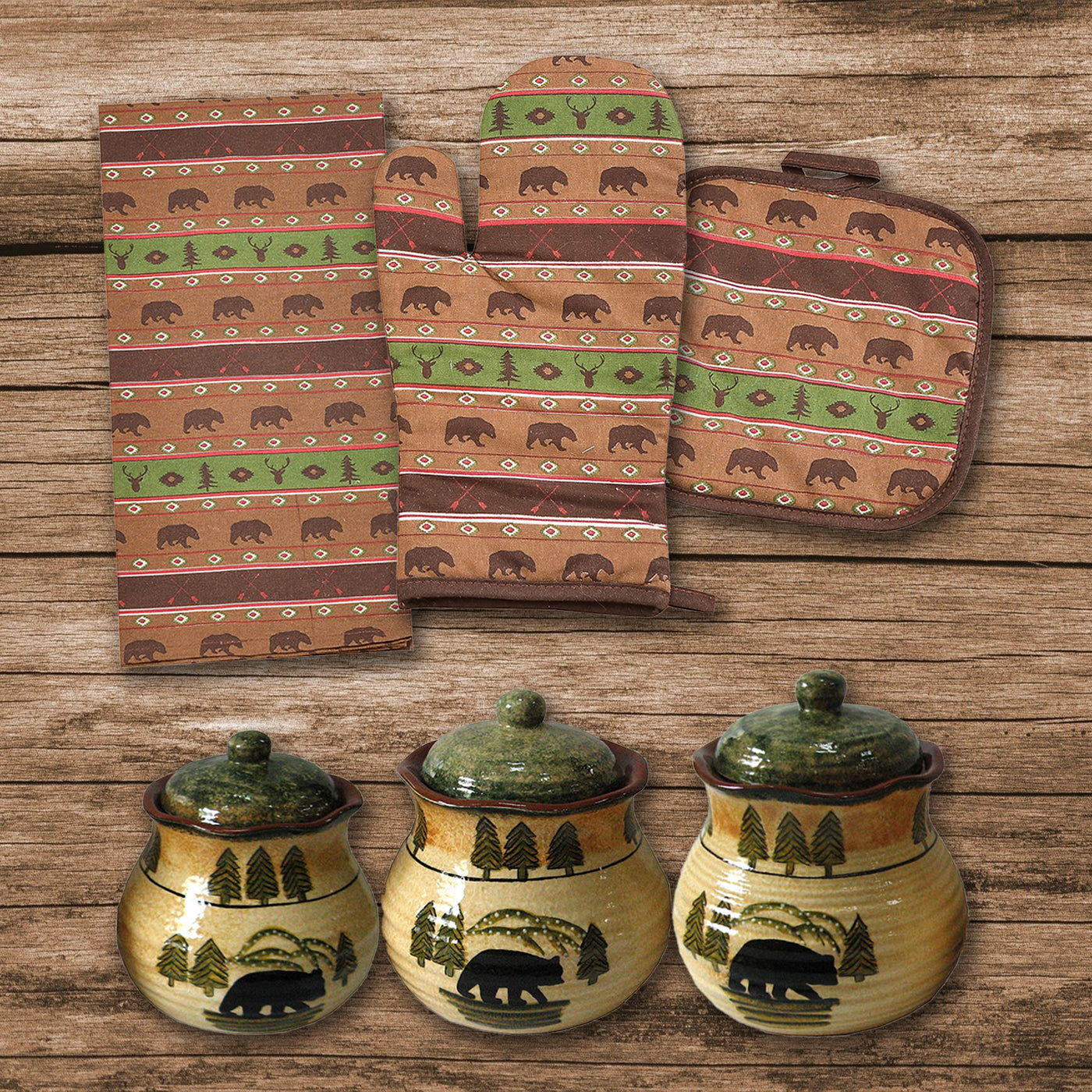 Aztec Bear - Aztec Multi Animal Print &amp; Rustic Bear Canister Set (Set of 13) - Brown / Green / Tan
