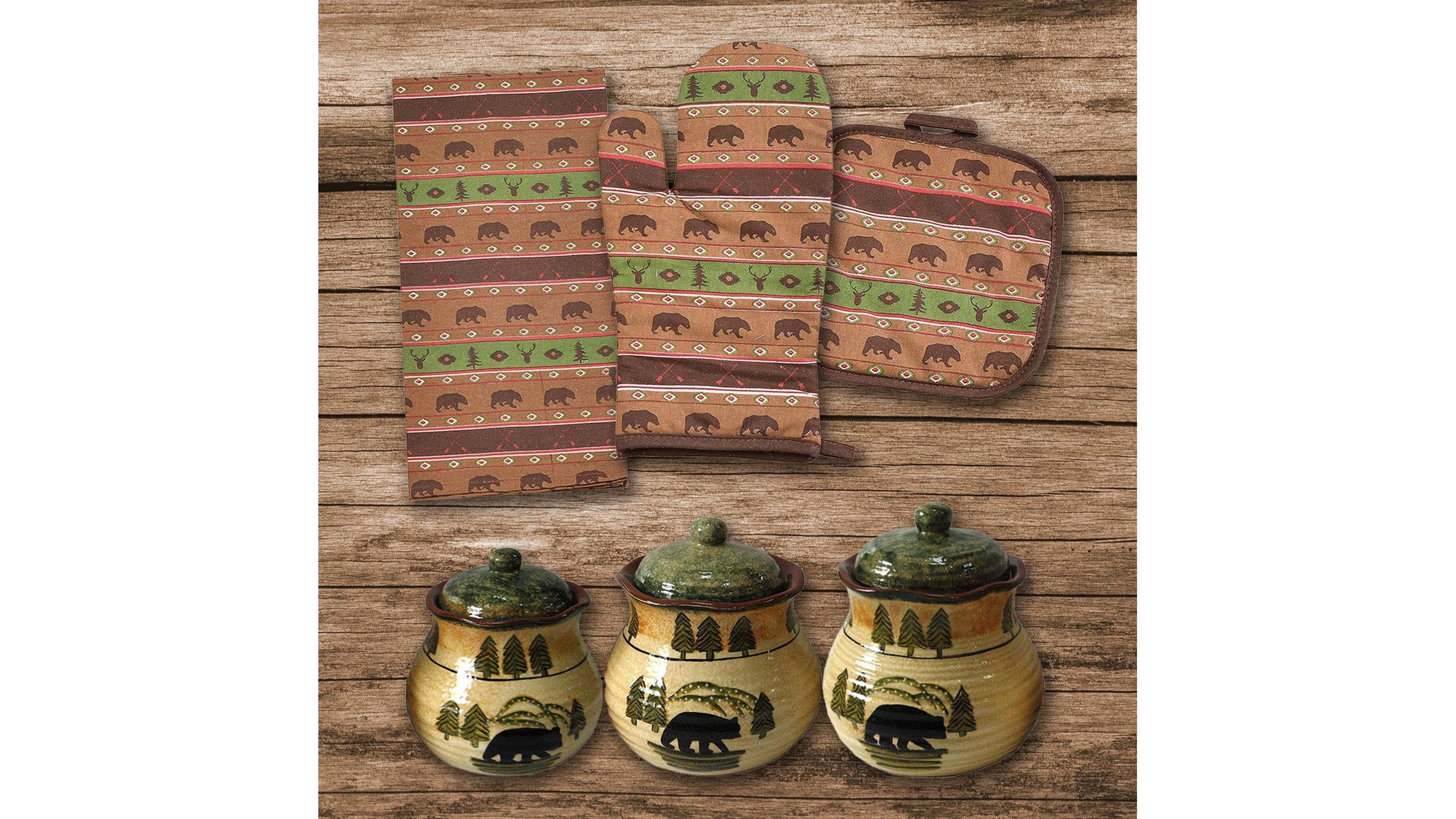 Aztec Bear - Aztec Multi Animal Print & Rustic Bear Canister Set Set of 13 - Brown / Green / Tan