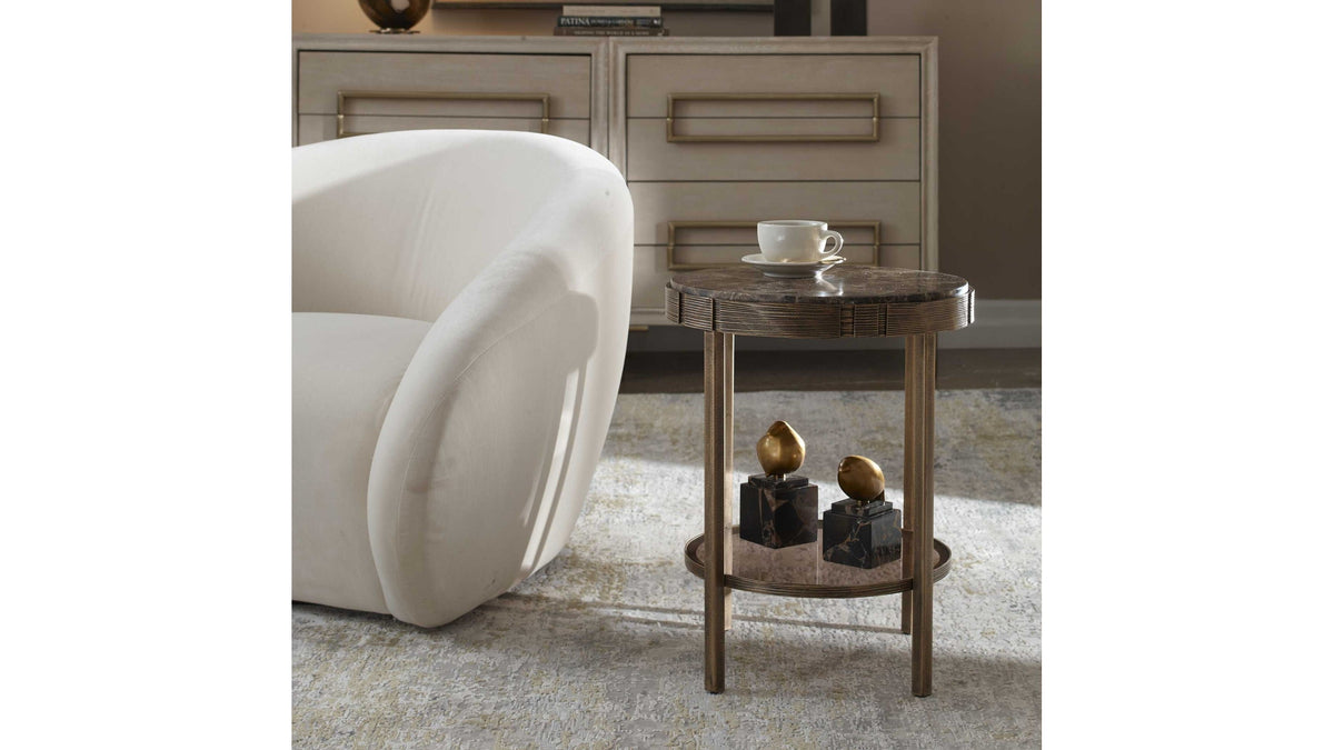 Cusano - Round Dark Marble Accent Table - Brass / Brown