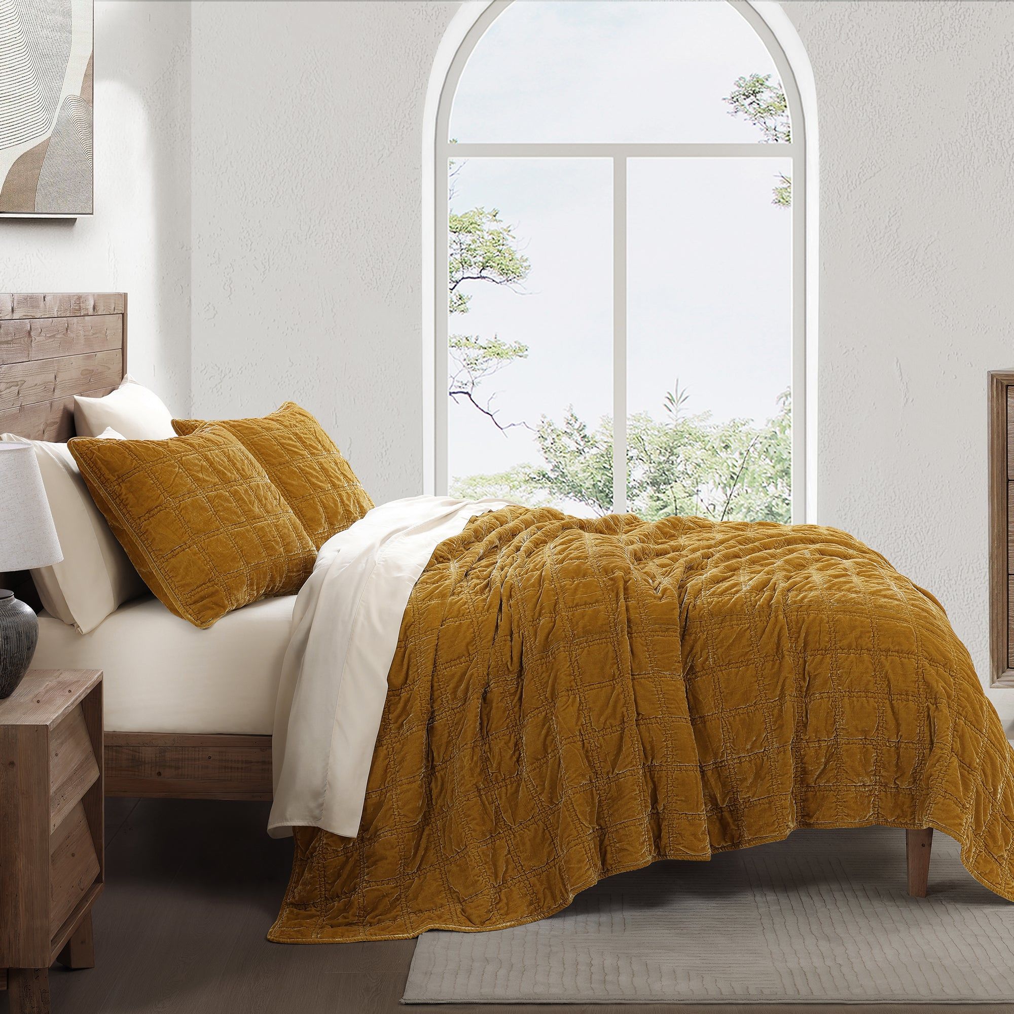 Stella - Full/Queen Faux Silk Velvet Double Box Stitch Quilt Set (Set of 3) - Saffron
