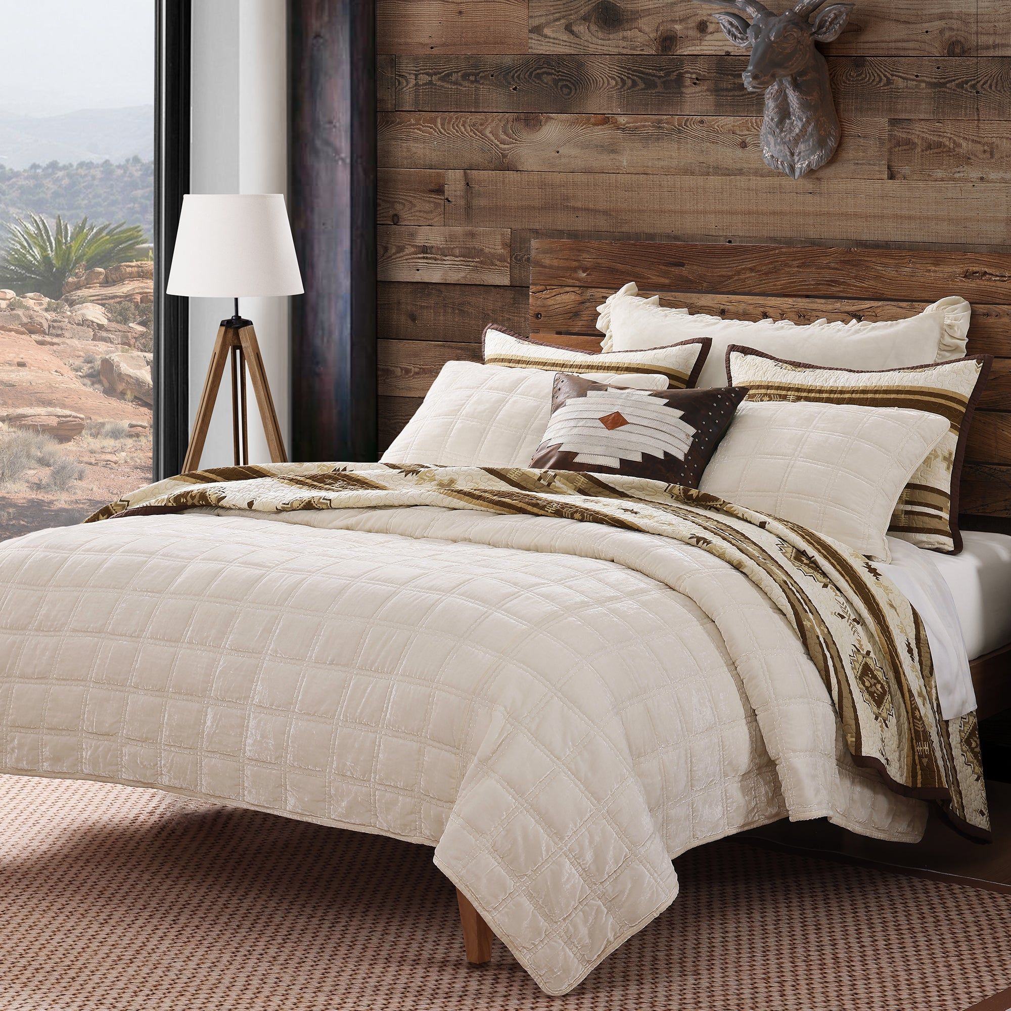 Stella - King Faux Silk Velvet Double Box Stitch Quilt Set (Set of 3) - Stone
