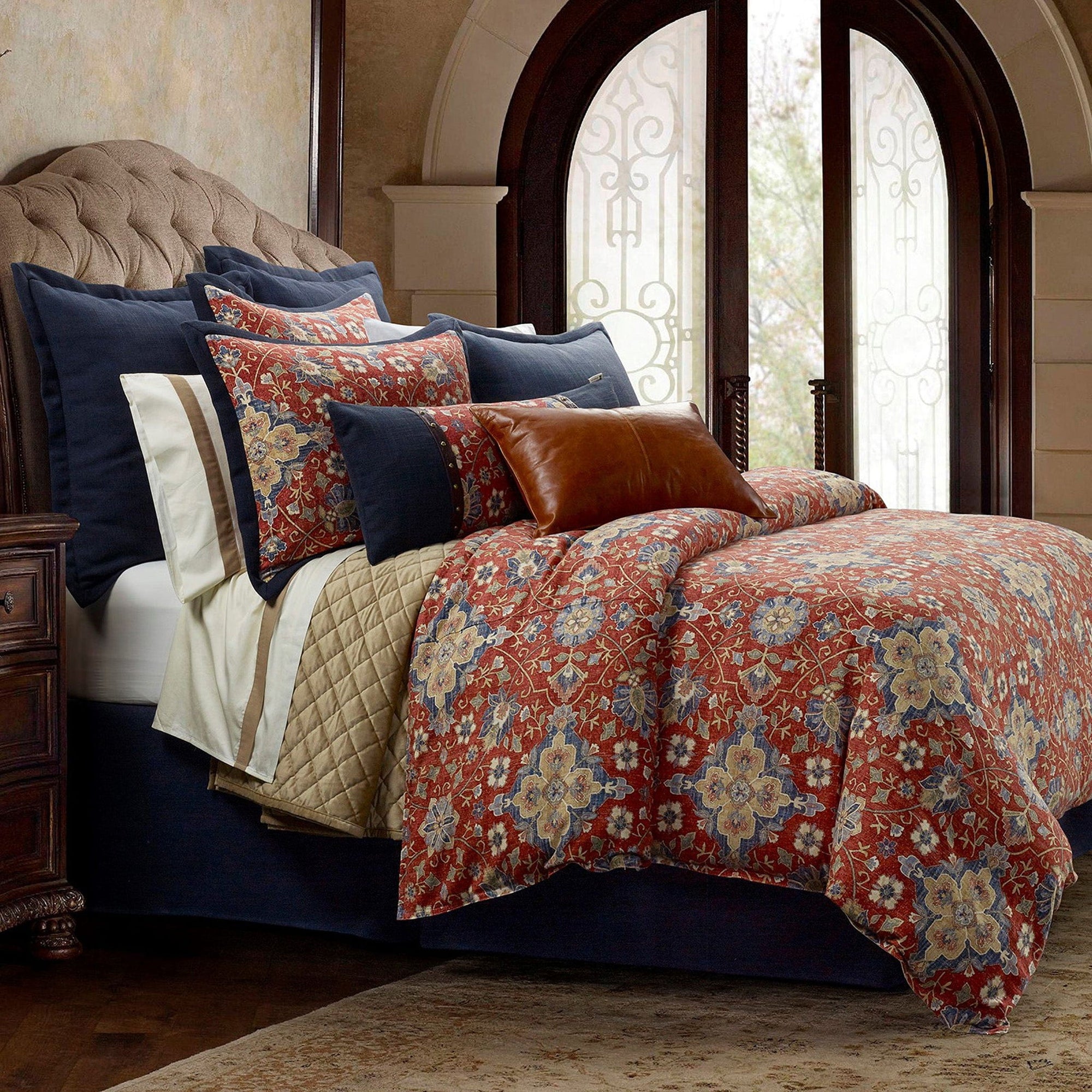 Melinda - Queen Washed Linen Comforter Set (Set of 3) - Red / Navy