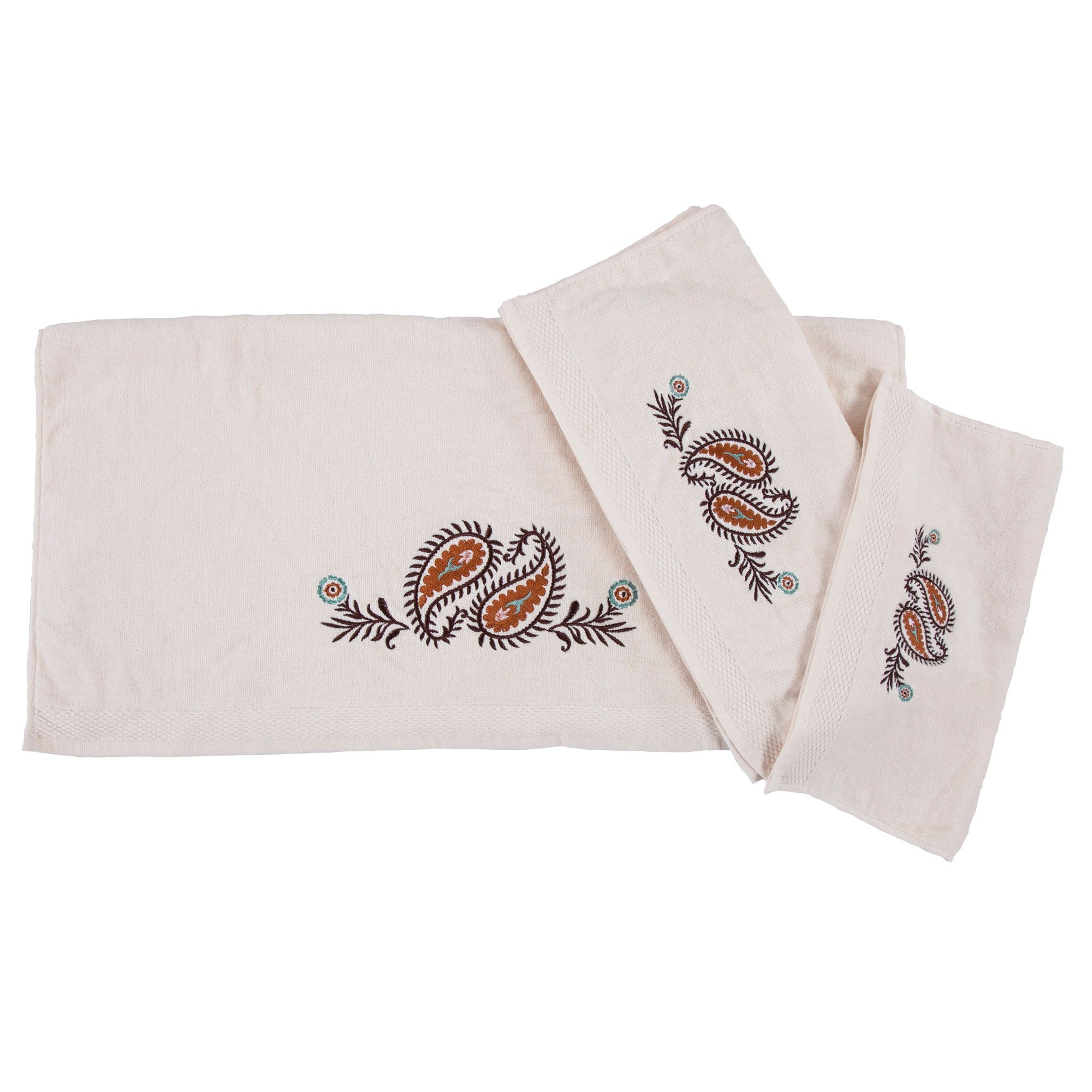 Rebecca - Embroidered Western Paisley Towel Set (Set of 3), 2 Per Carton - Cream