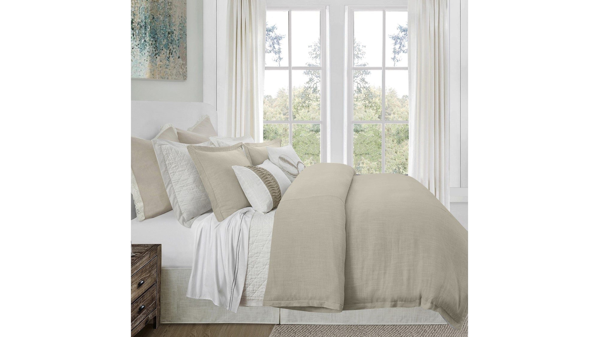 Hera - King Washed Linen Flange Comforter Set Set of 3 - Light Tan