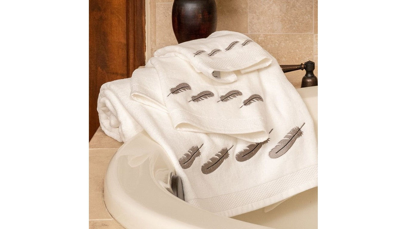 Tossed Feather - Embroidered Feather White Towel Set Set of 3 , 2 Per Carton - White / Gray