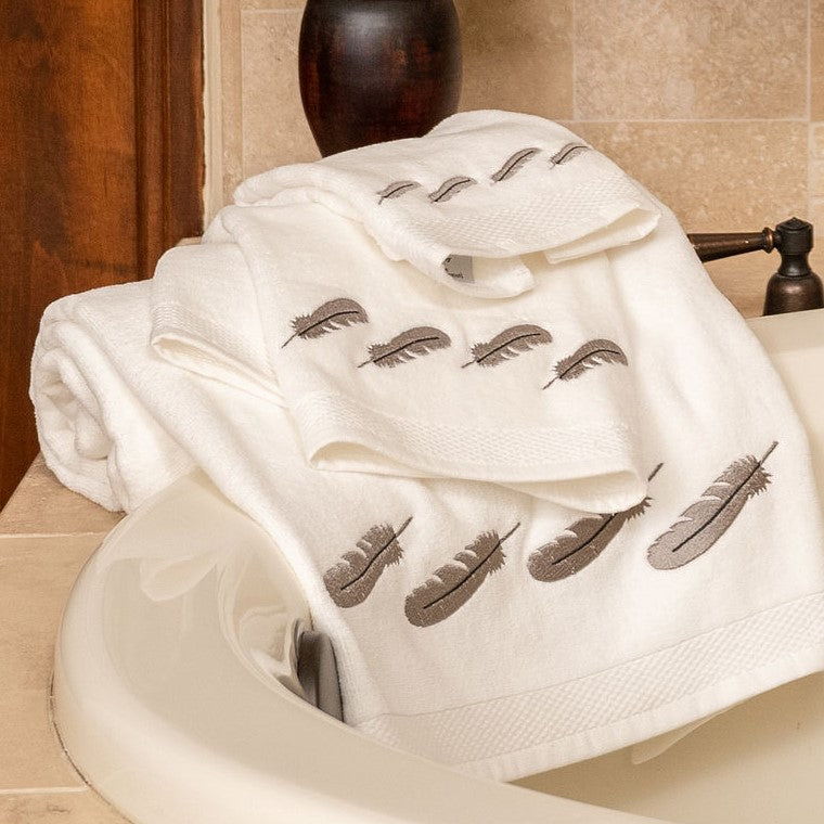 Tossed Feather - Embroidered Feather White Towel Set (Set of 3), 2 Per Carton - White / Gray