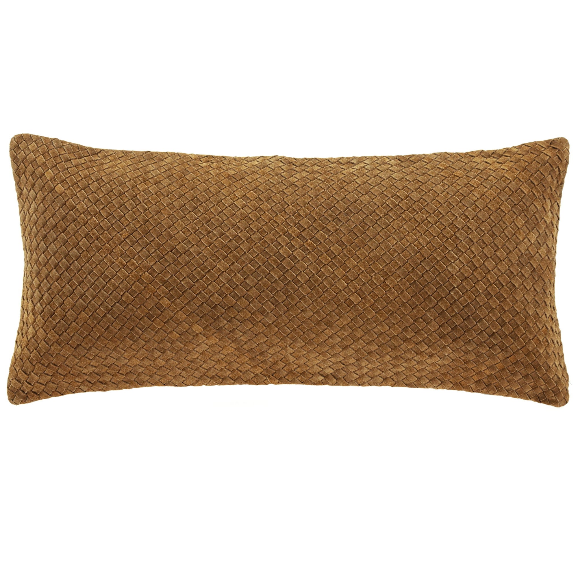 Genuine Leather - Woven Suede &amp; Basket Weave Long Lumbar Pillow - Brown