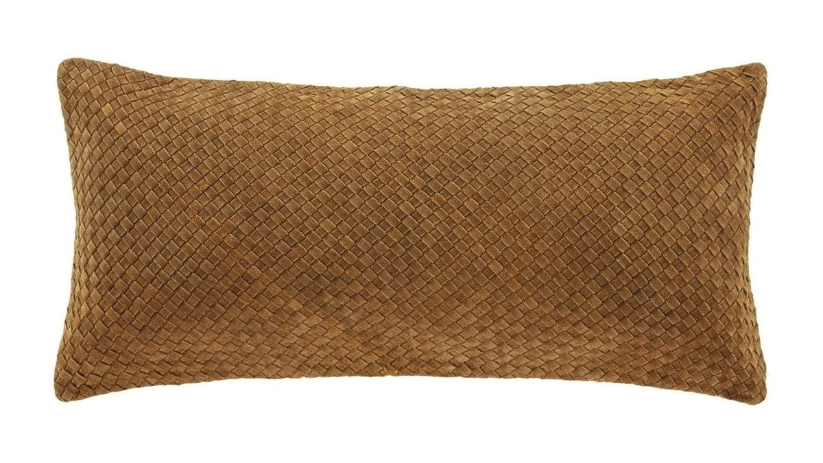 Genuine Leather - Woven Suede & Basket Weave Long Lumbar Pillow - Brown