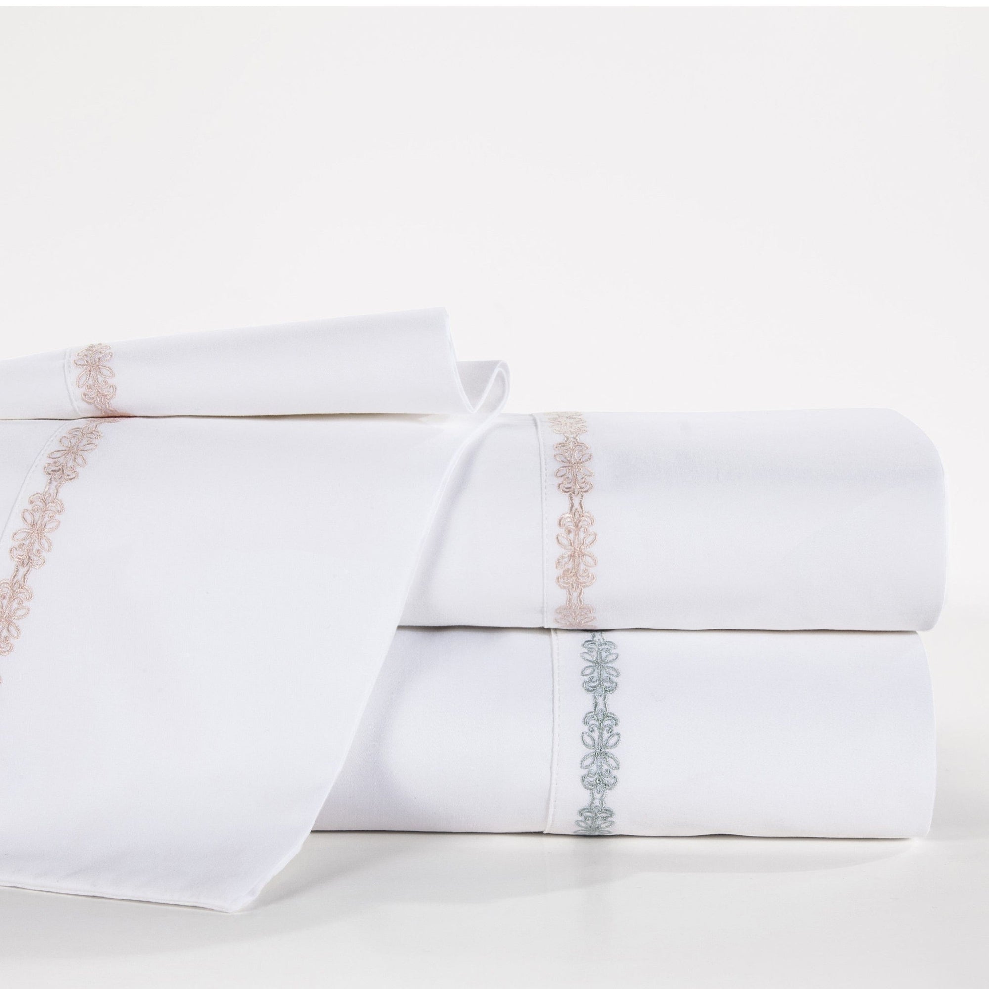 Laurel Sheet - Queen 350TC Laurel Embroidered Border Sheet Set (Set of 4) - Light Blue