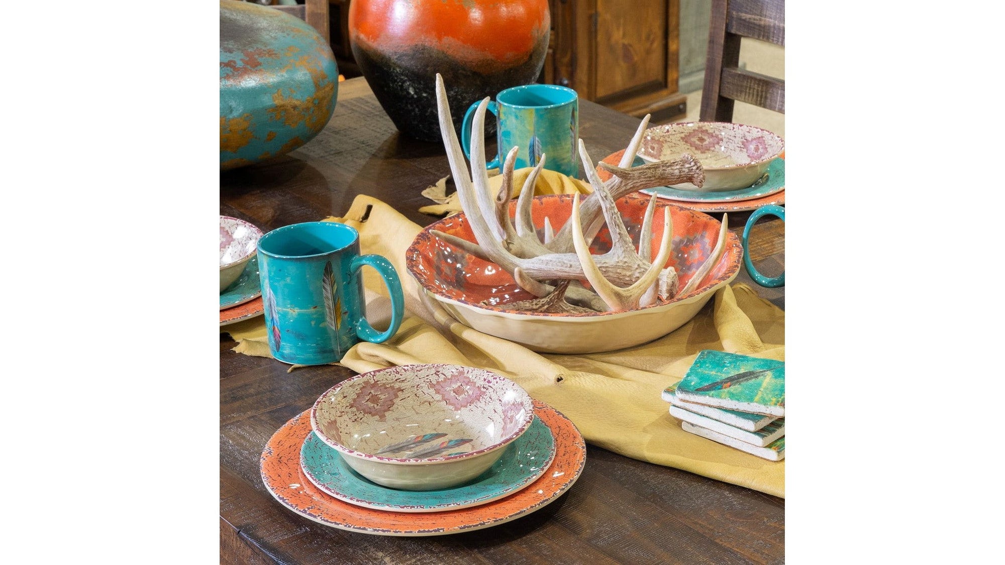 Tossed Feather - Feather Melamine Dinnerware Set Set of 14 , 2 Per Carton - Orange / Blue