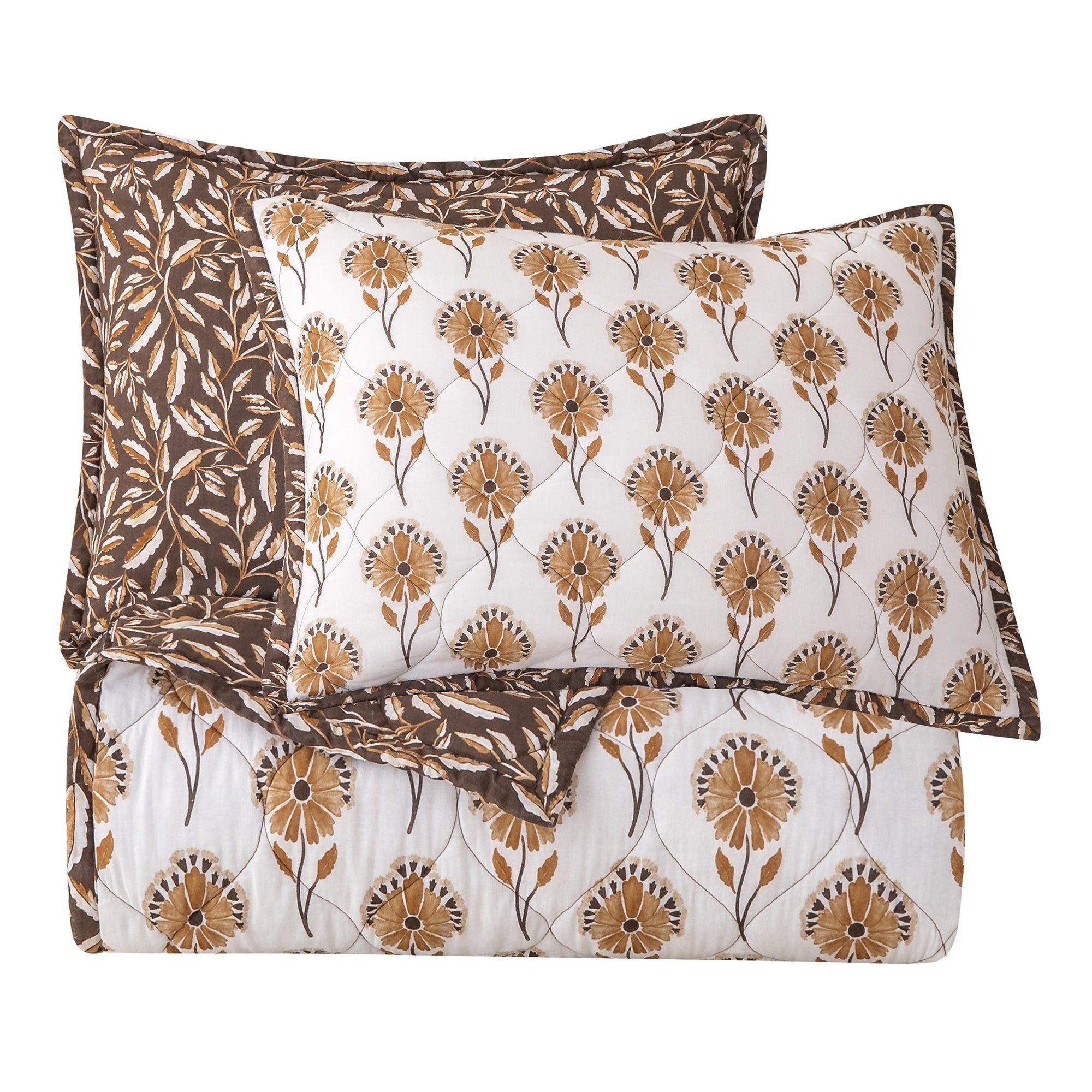 Woodstock - King Reversible Quilt Set (Set of 3) - White / Tan