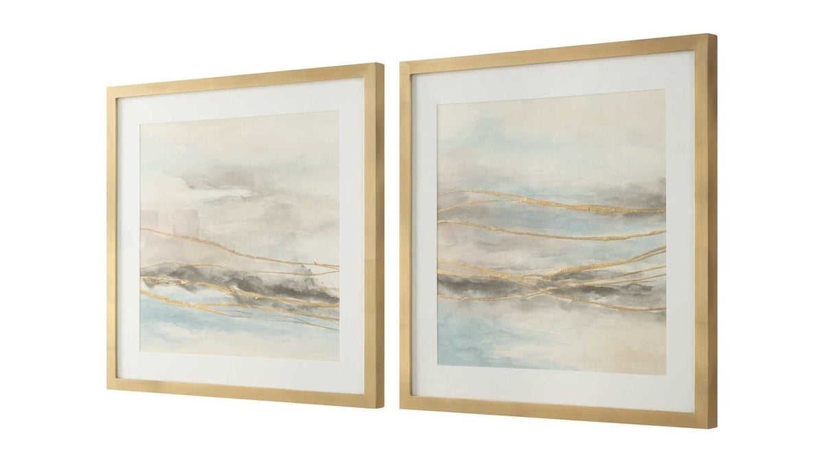 So Golden - Abstract Landscape Prints Set of 2 - Black / Blue / Brass / Gold / Gray / Pink / White