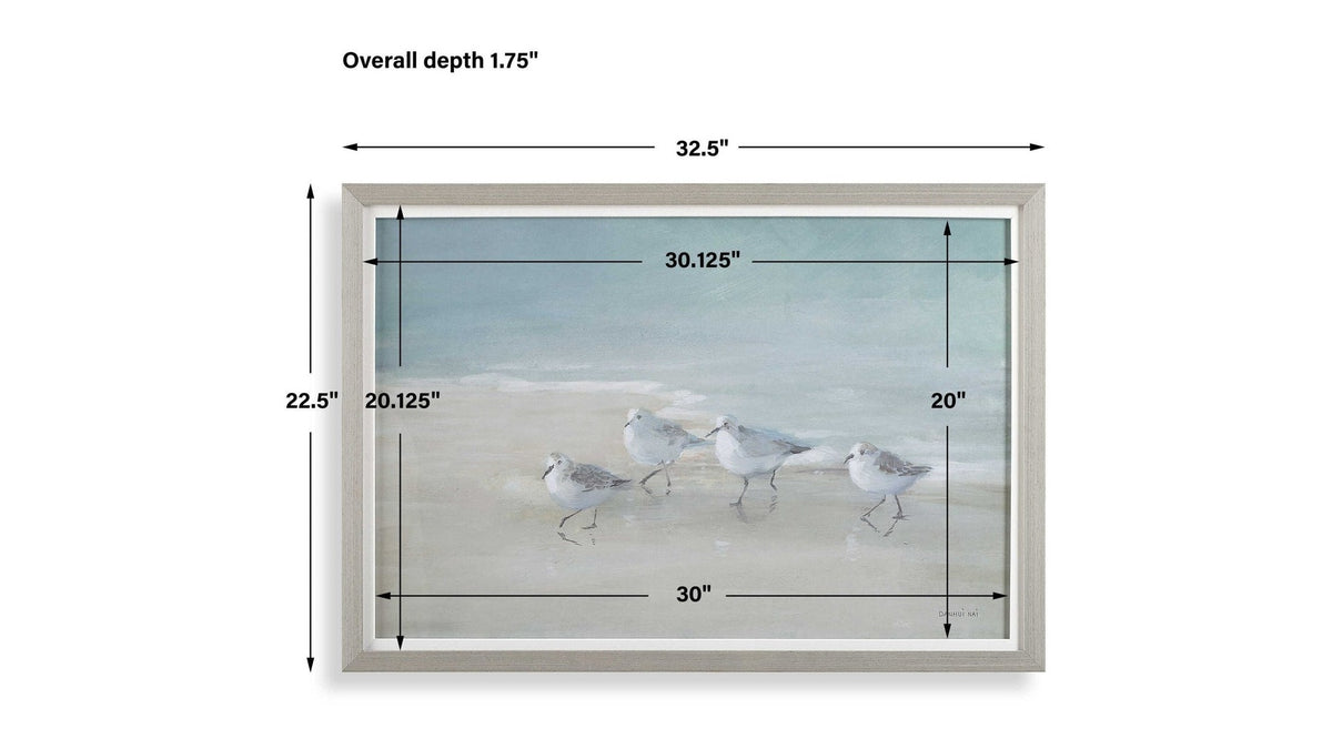 Tranquil Shorebirds On The Sand - Framed Print - Light Gray