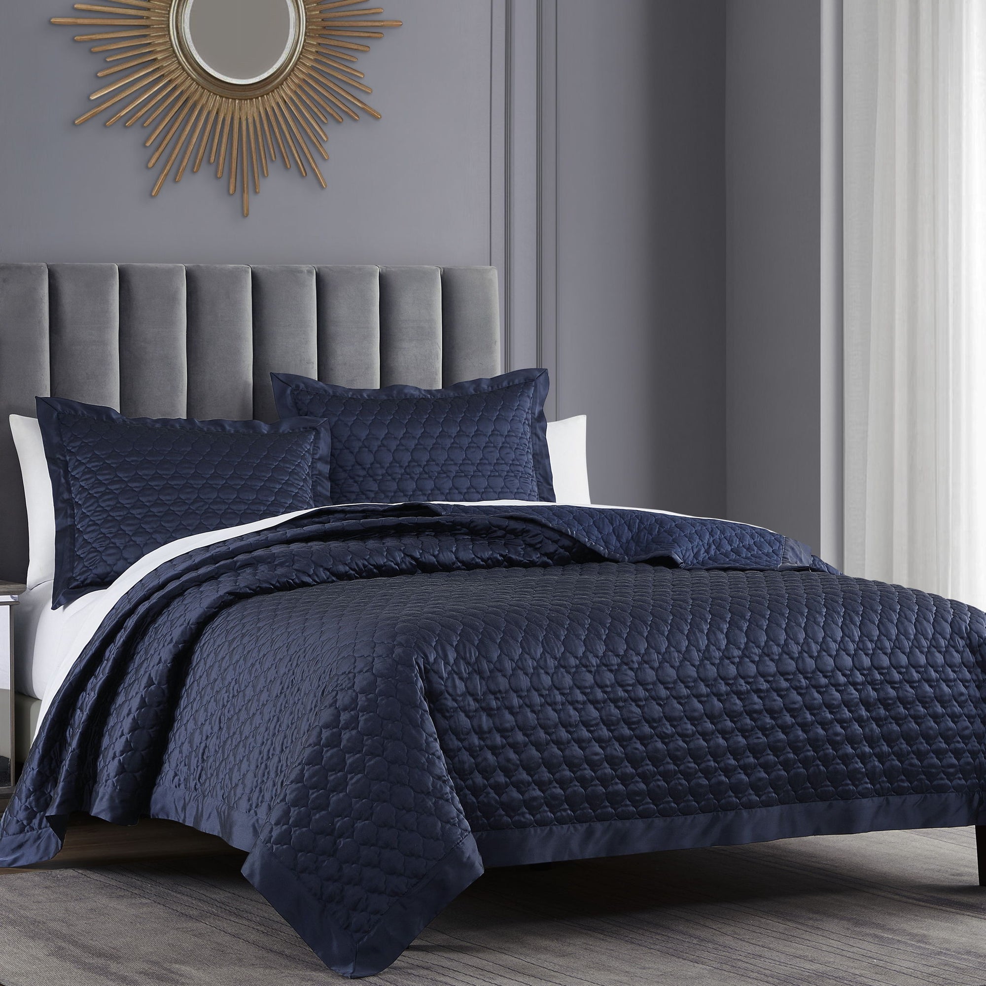 High Shine Satin - Full/Queen Quatrefoil Quilt Set (Set of 3) - Navy