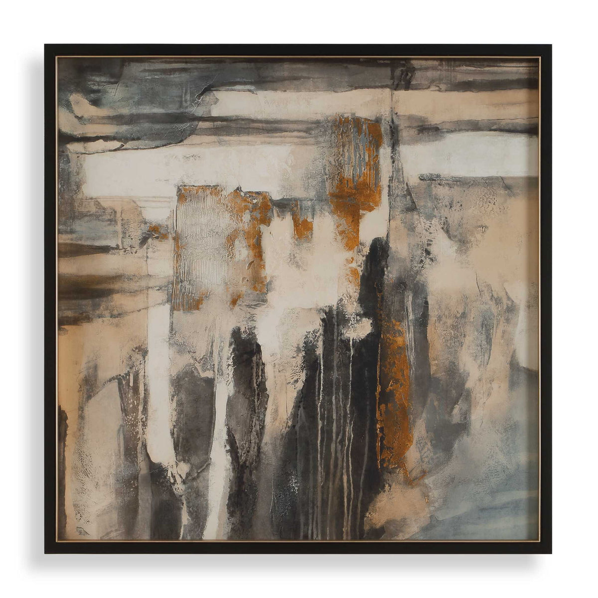Landslide - Framed Abstract Print - Black / Brass / Gold / Gray / Orange / White / Yellow