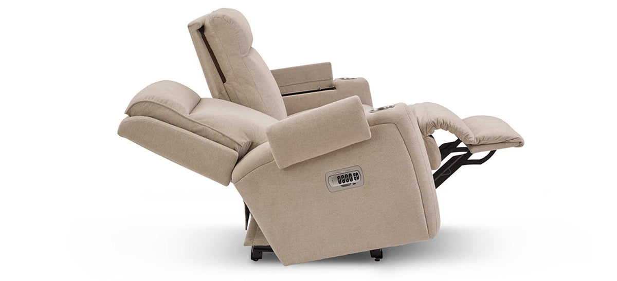 A86 Ovation Audio Motion Power Wall Reclining Sofa w/ Headrest, Lumbar &amp; Drop Down Table