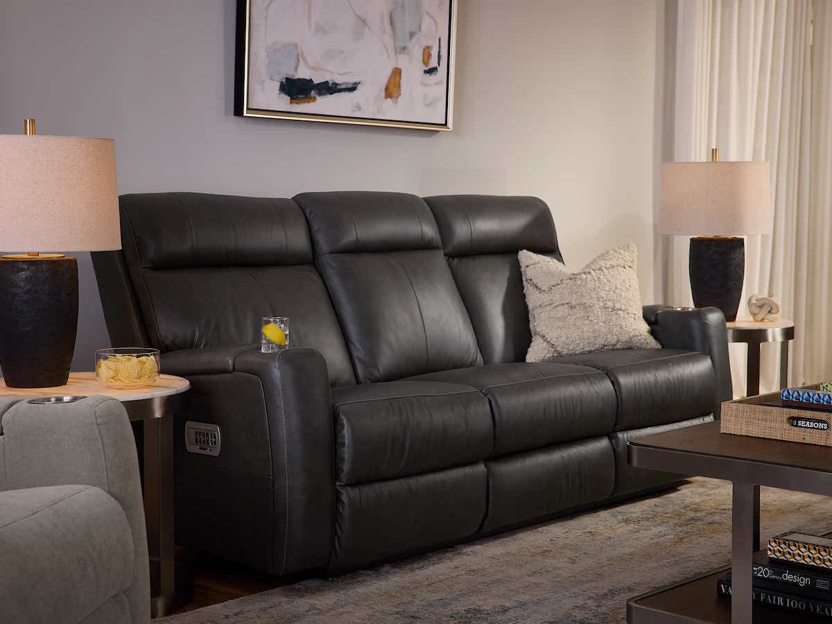 A86 Ovation Audio Motion Power Wall Reclining Sofa w/ Headrest, Lumbar &amp; Drop Down Table
