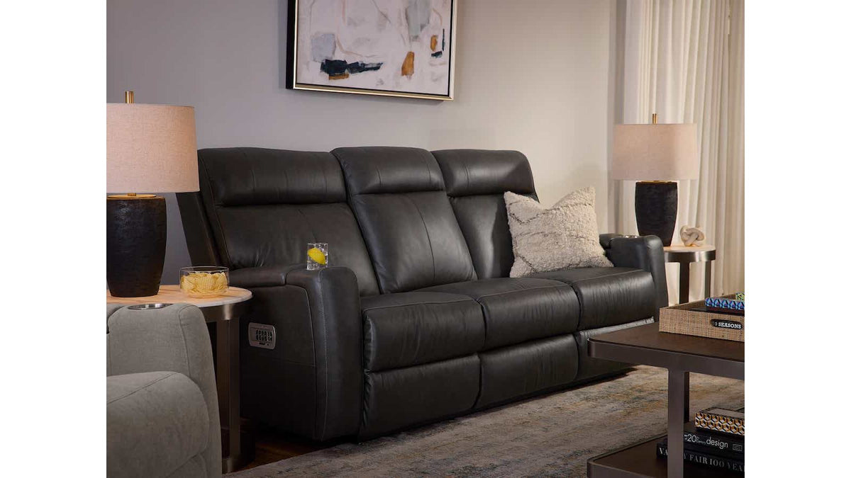 A86 Ovation Audio Motion Power Wall Reclining Sofa w/ Headrest, Lumbar &amp; Drop Down Table