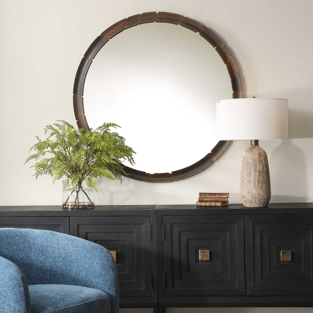 Auger - Amber Glass Round Mirror - Bronze