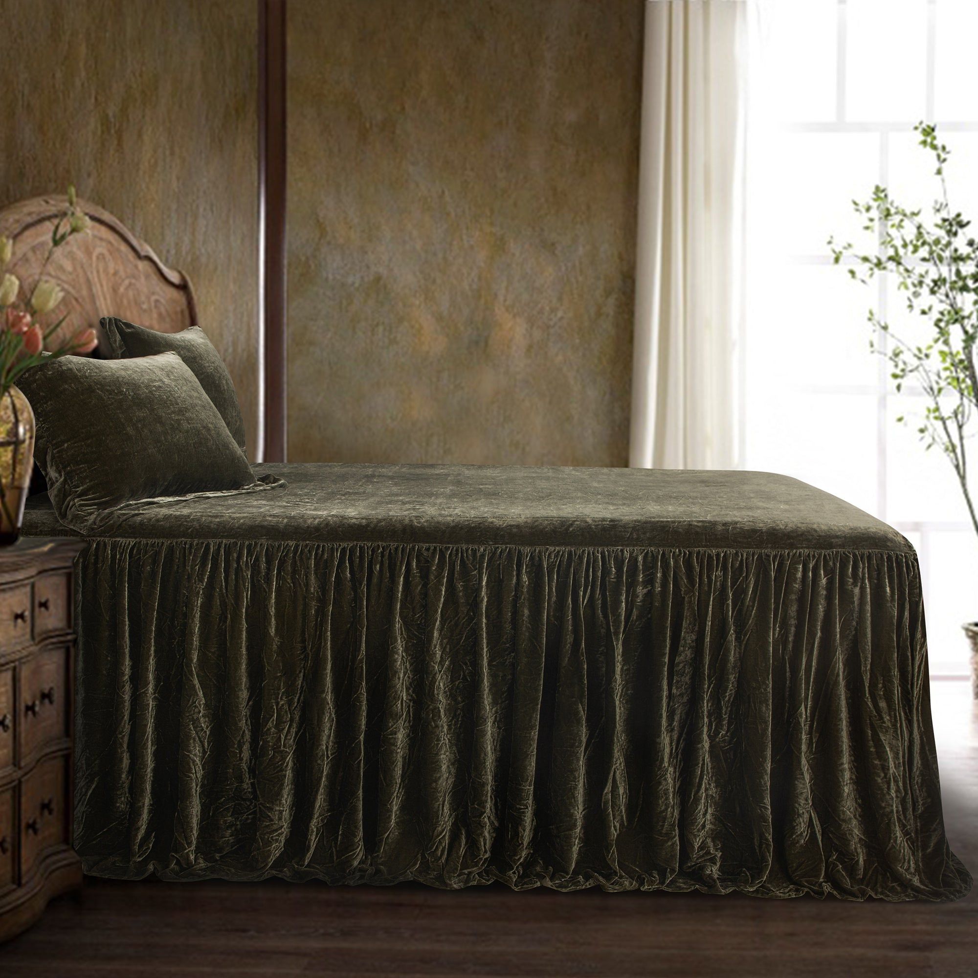 Stella - Twin Faux Silk Velvet Bedspread Set (Set of 2) - Fern Green