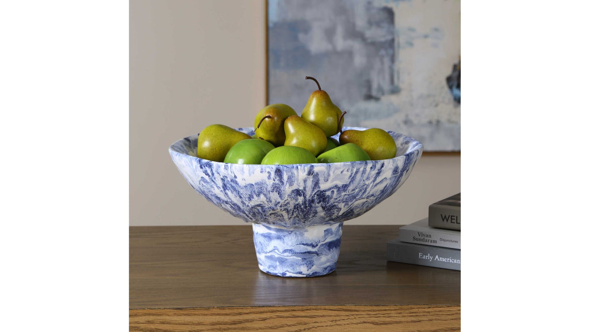 Indigo - Marble Pedestal Bowl - Blue,White