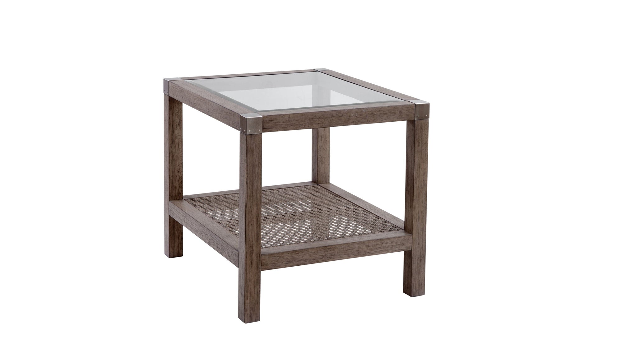 Calum - End Table - Driftwood Gray / Cane / Brushed Nickel