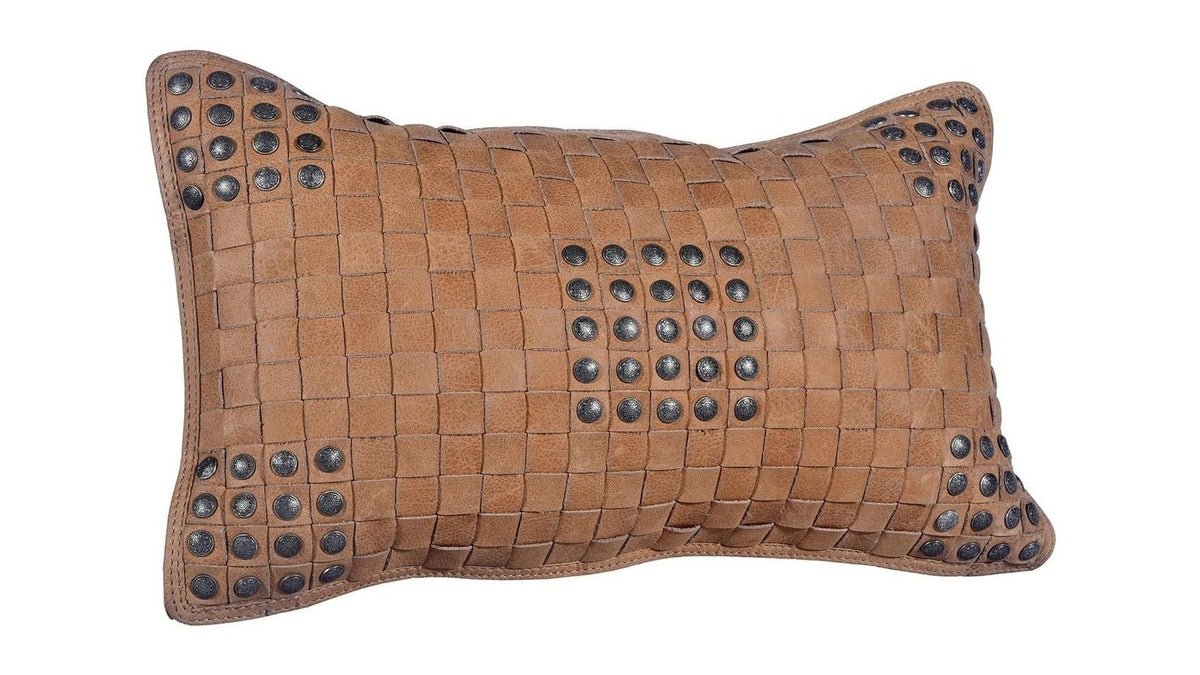 Genuine Leather - Studded Basket Weave Pillow - Tan