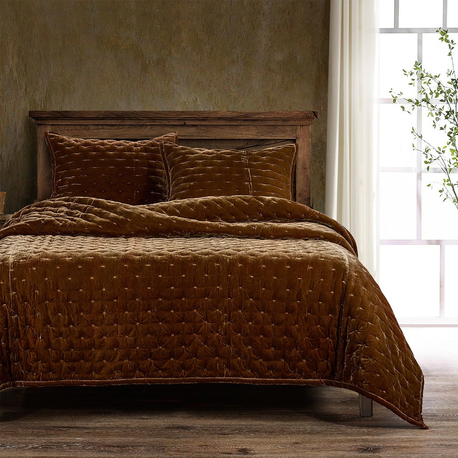 Stella - Twin Faux Silk Velvet Pintuck Quilt - Copper Brown