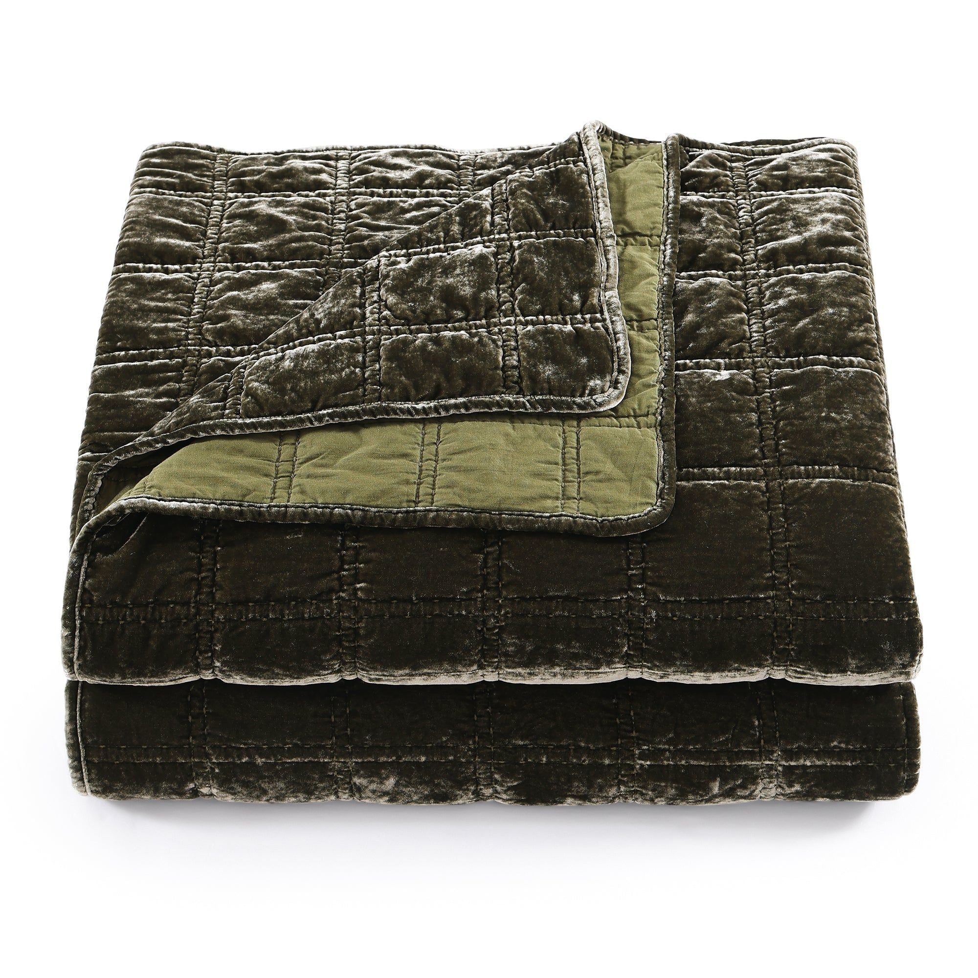 Stella - Full/Queen Faux Silk Velvet Double Box Stitch Quilt Set (Set of 3) - Fern Green