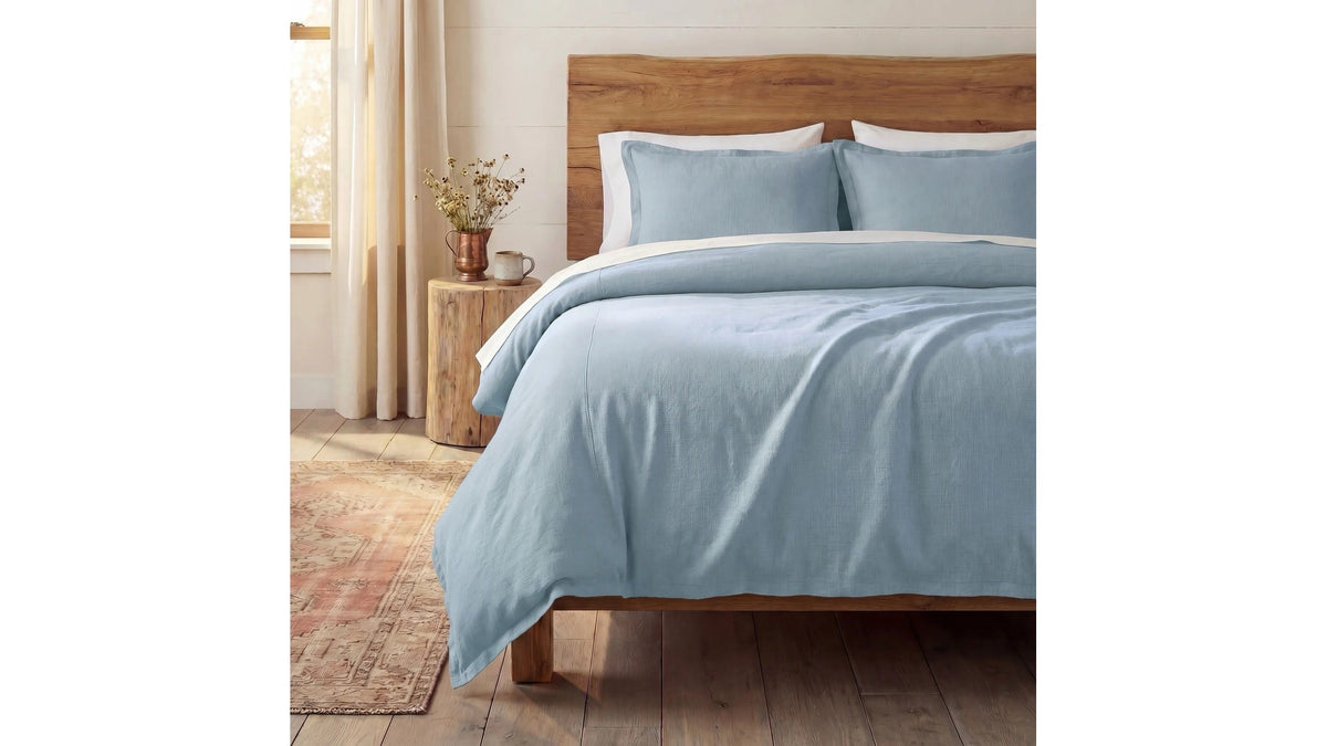 Hera - Queen Washed Linen Flange Duvet Cover Set Set of 3 - Ligh Blue