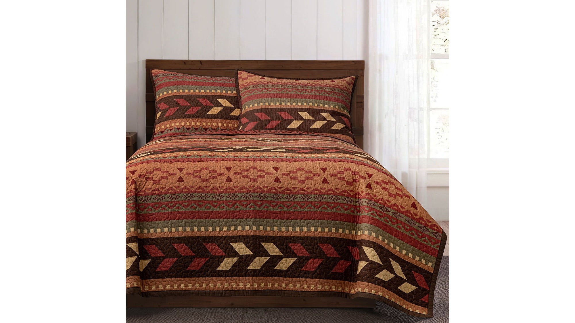 Broken Arrow - Full/Queen Reversible Quilt Set Set of 3 - Red / Tan / Brown