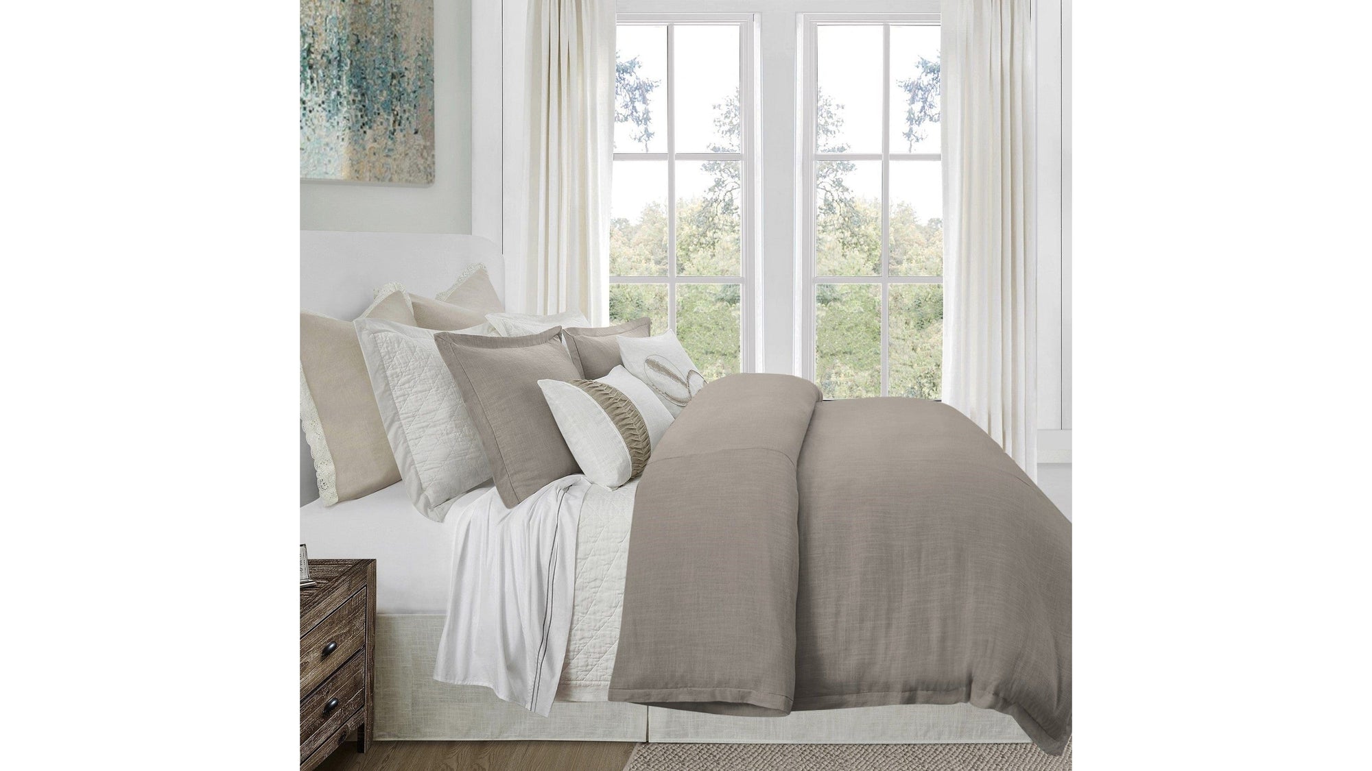 Hera - Twin Washed Linen Flange Duvet Cover - Taupe