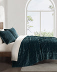 Stella - Full/Queen Faux Silk Velvet Double Box Stitch Quilt Set (Set of 3) - Storm Blue