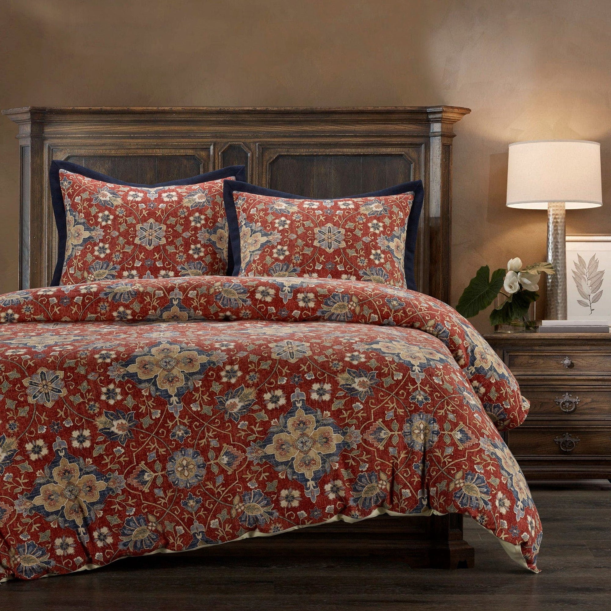 Melinda - King Washed Linen Duvet Cover Set (Set of 3) - Red / Navy