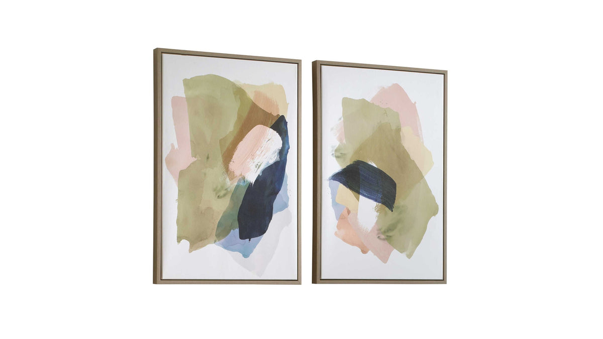 Abstract Afternoon - Framed Canvases (Set of 2) - Blue / Green / Pink / White / Woodtone / Yellow