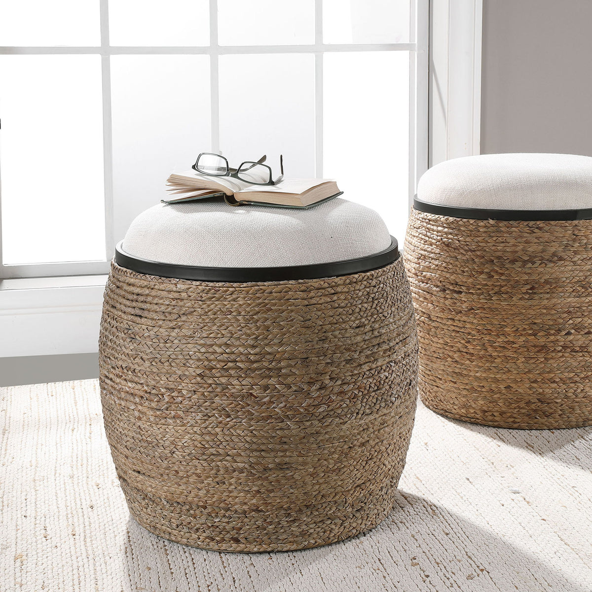 Island - Straw Accent Stool - White &amp; Light Brown