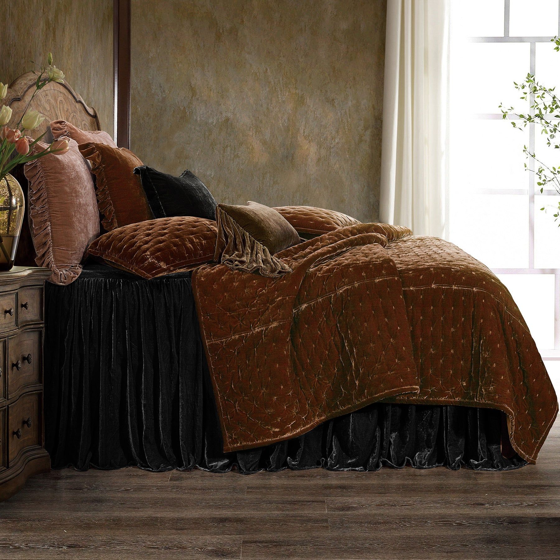 Stella - Queen Faux Silk Velvet Bedspread Set (Set of 3) - Black