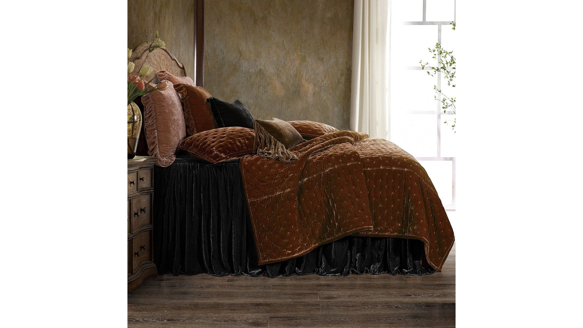 Stella - Queen Faux Silk Velvet Bedspread Set Set of 3 - Black