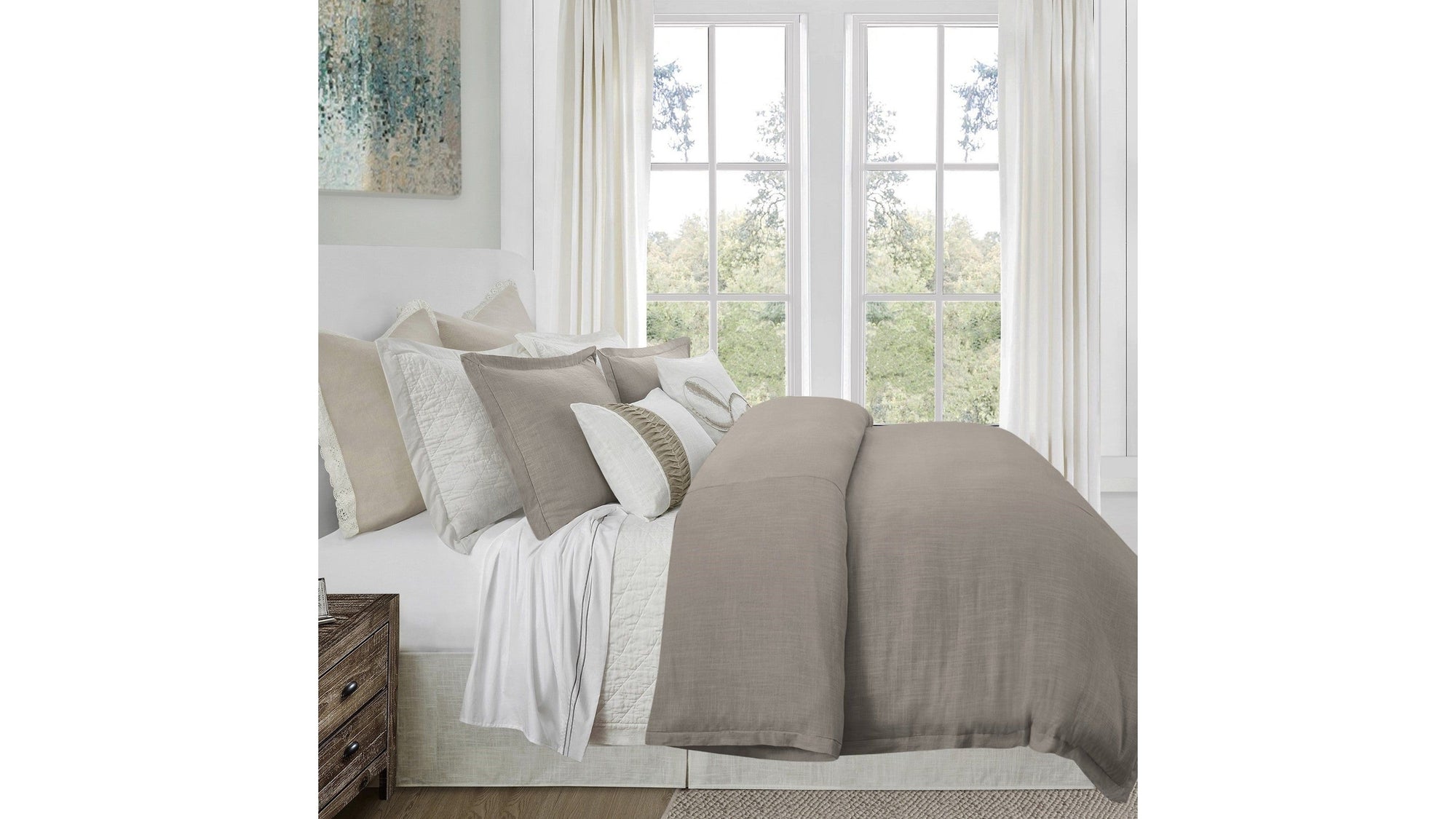 Hera - Queen Washed Linen Flange Duvet Cover Set Set of 3 - Taupe