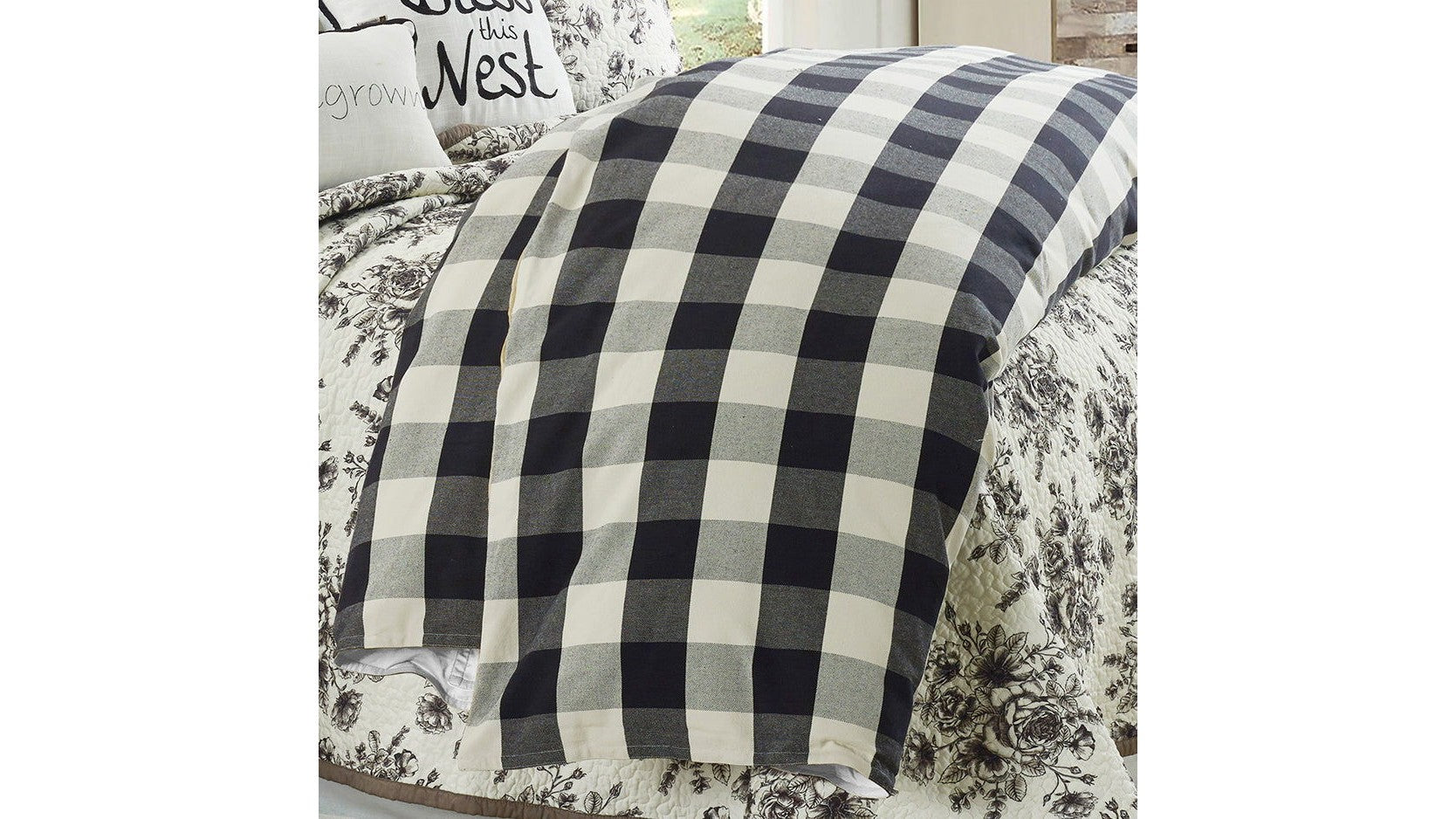 Camille - Full Buffalo Check Comforter Set Set of 3 - Black / Natural
