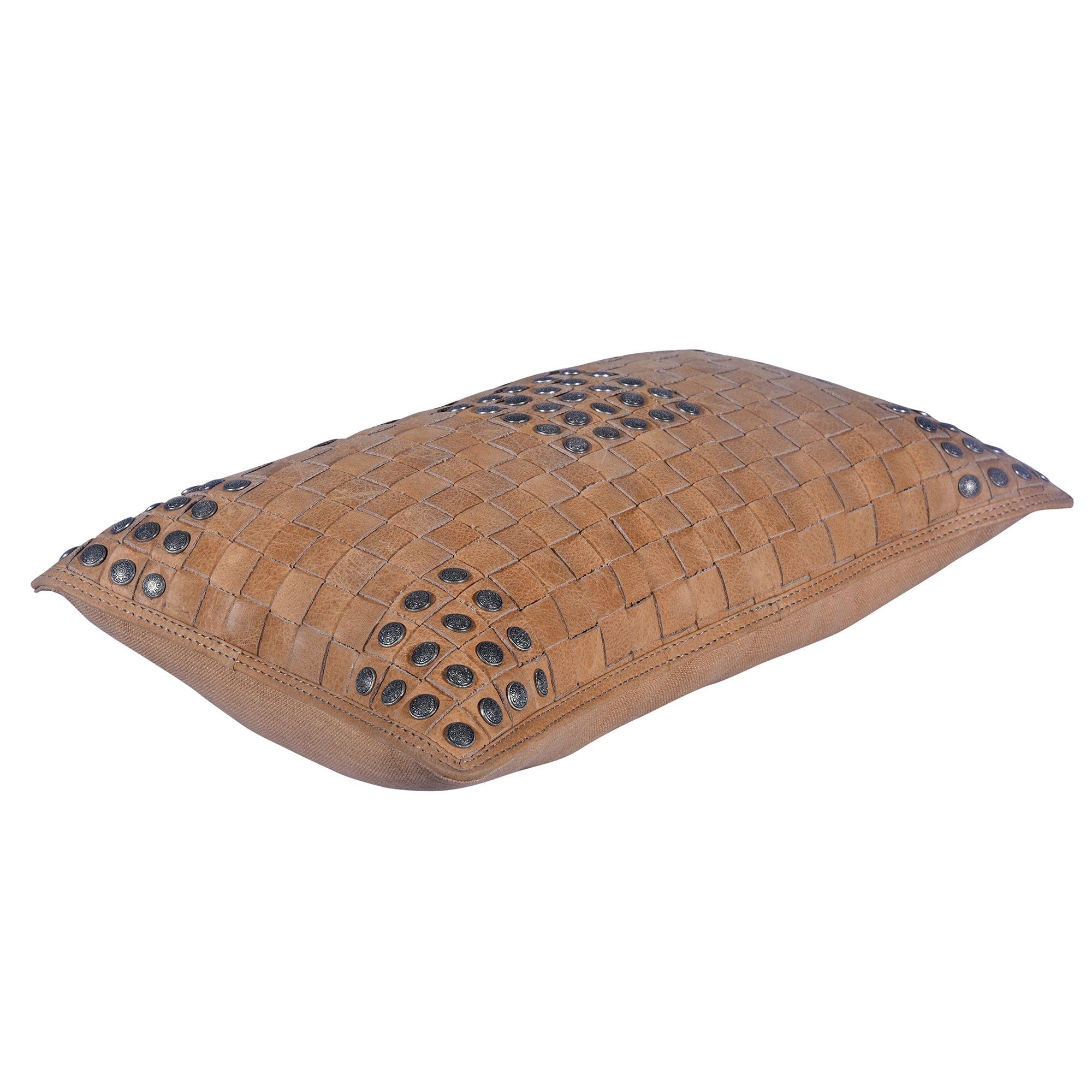 Genuine Leather - Studded Basket Weave Pillow - Tan
