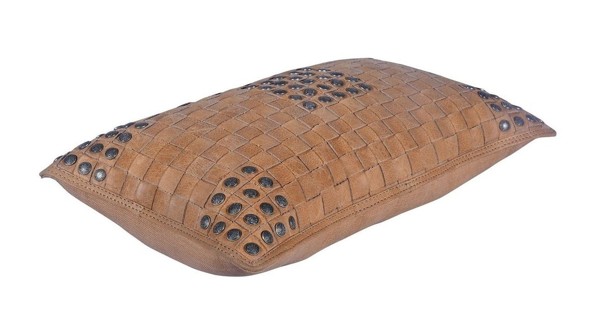 Genuine Leather - Studded Basket Weave Pillow - Tan