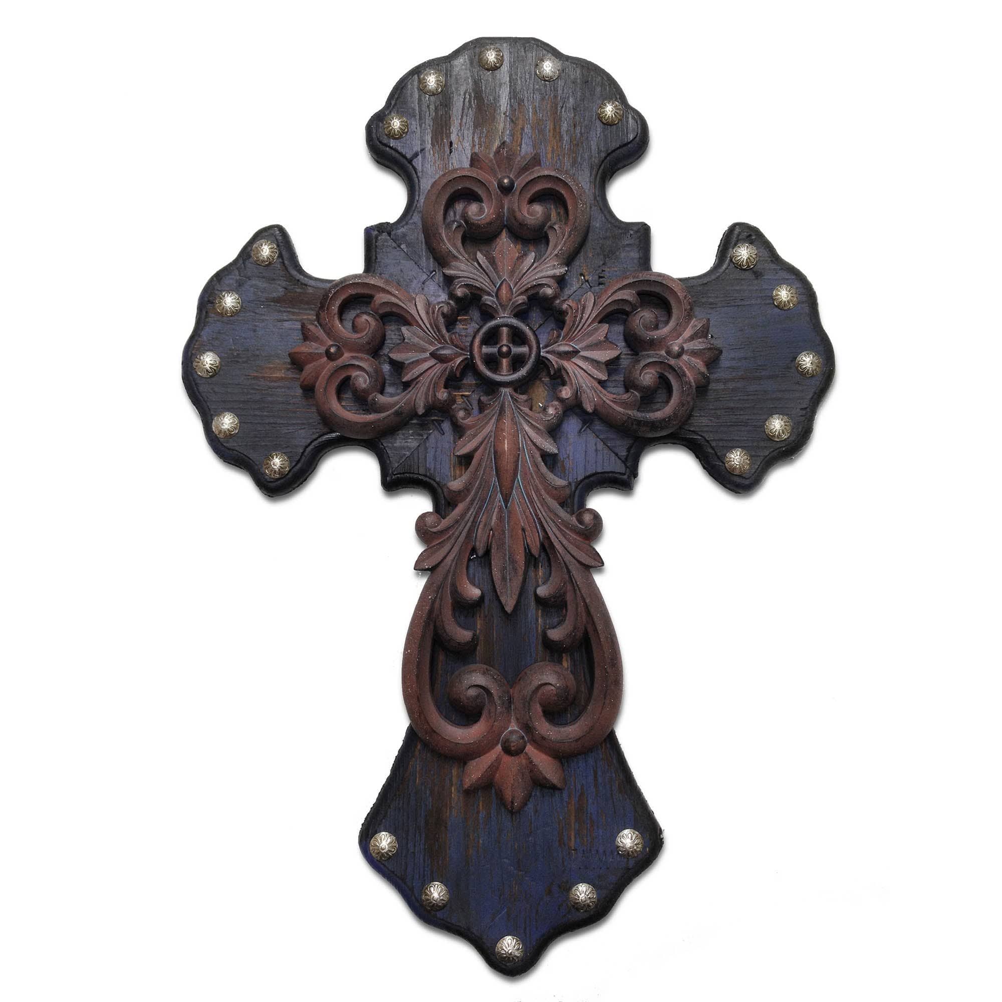 Cross - 22" x 15.5" Metal Overlay Studded Cross Wall Décor 4 Per Carton - Deep Blue
